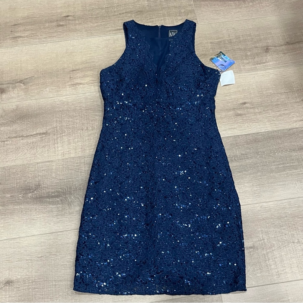 Nightway Dark Blue Sequin Dress 34” Illusion Net Neckline Lined Formal Wedding - Picture 12 of 14